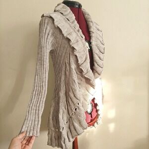 John Fashion Womens Knit Cardigan Sweater Small Open Front Drape Gray Ruffle Y2K